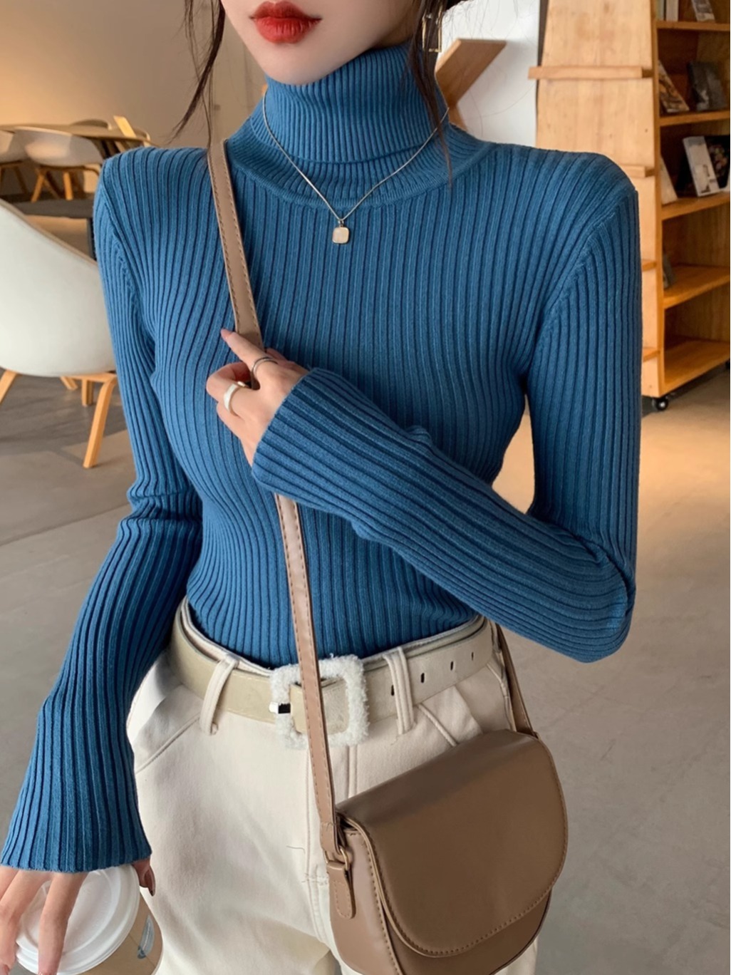 Women's Turtleneck Knit Sweater Thickened Slim Fit Warm Base Layer Top