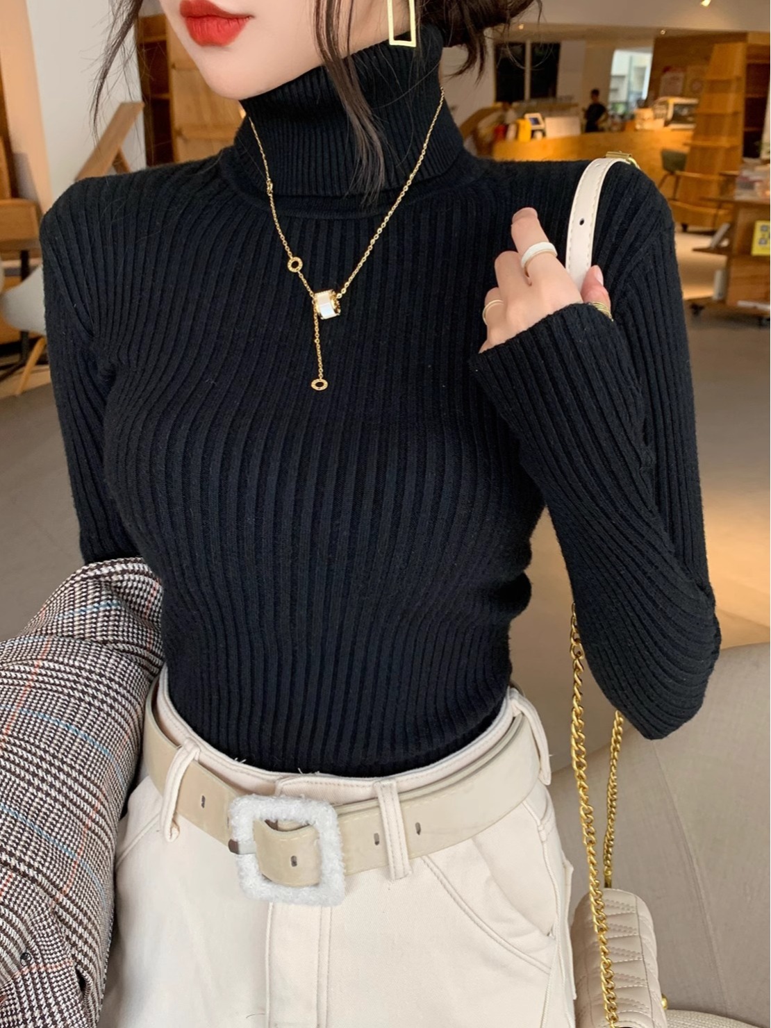Women's Turtleneck Knit Sweater Thickened Slim Fit Warm Base Layer Top