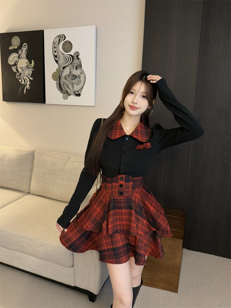 JK Style Slim Fit Shirt Top and Plaid High Waist Skirt Set for Women
