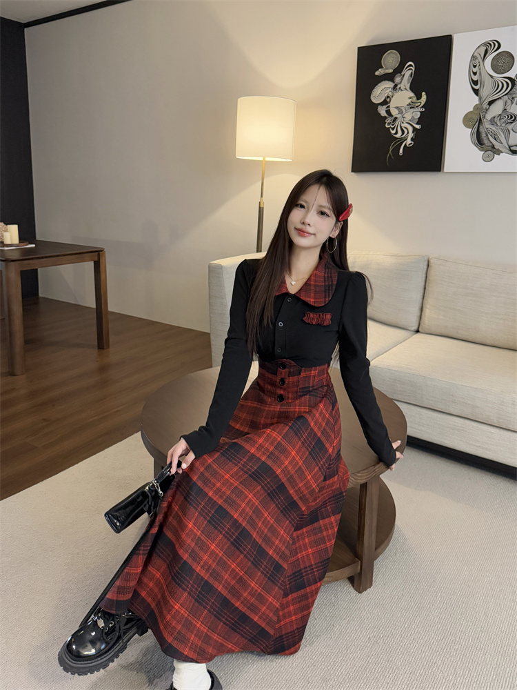 JK Style Slim Fit Shirt Top and Plaid High Waist Skirt Set for Women