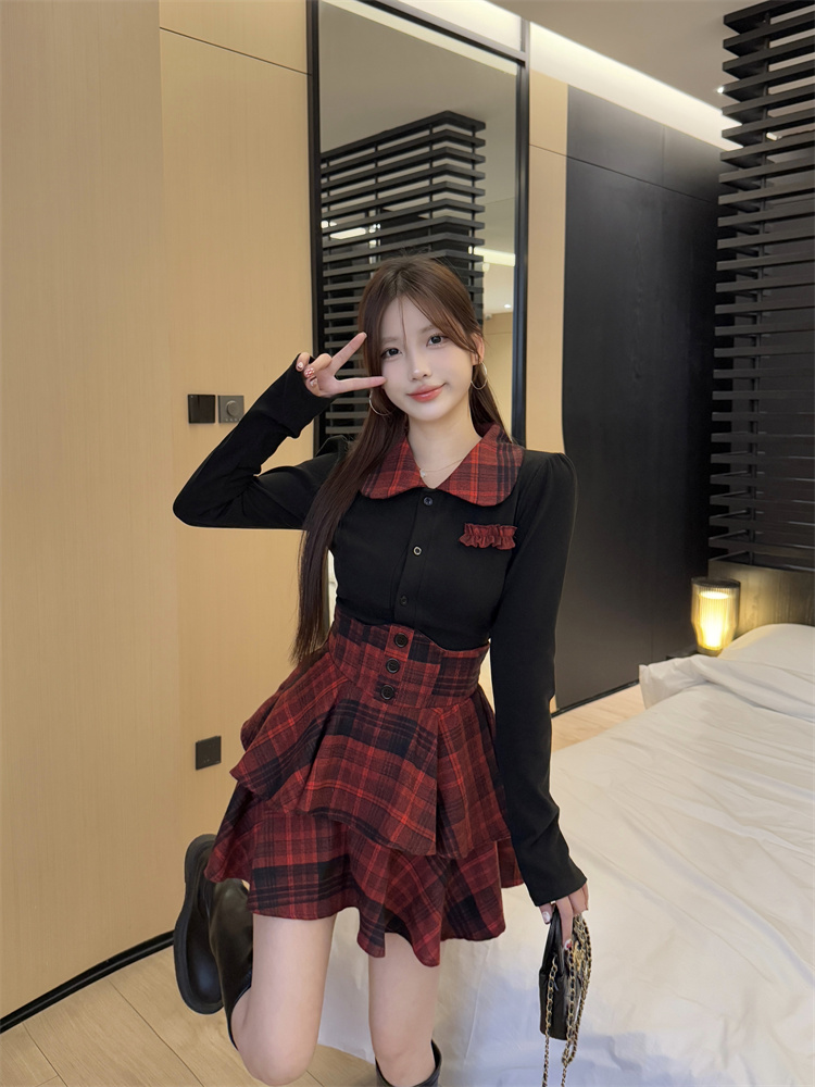 JK Style Slim Fit Shirt Top and Plaid High Waist Skirt Set for Women