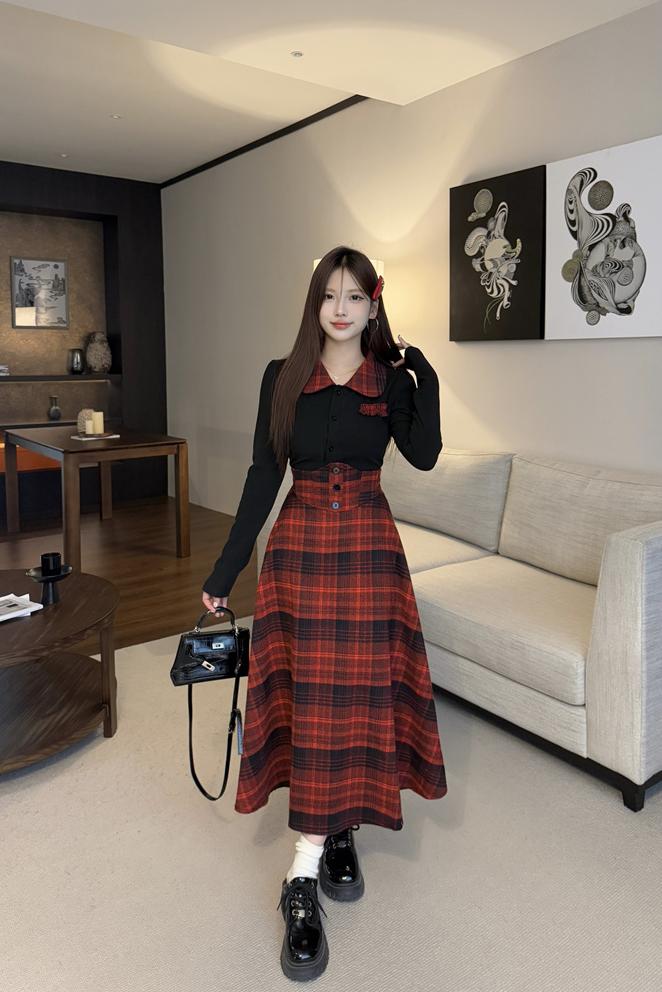 JK Style Slim Fit Shirt Top and Plaid High Waist Skirt Set for Women