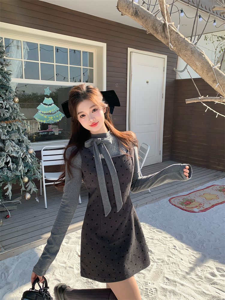 Sweet Bow Long Sleeve T-Shirt and Polka Dot Cami Dress Two-Piece Set for Women Spring Layering