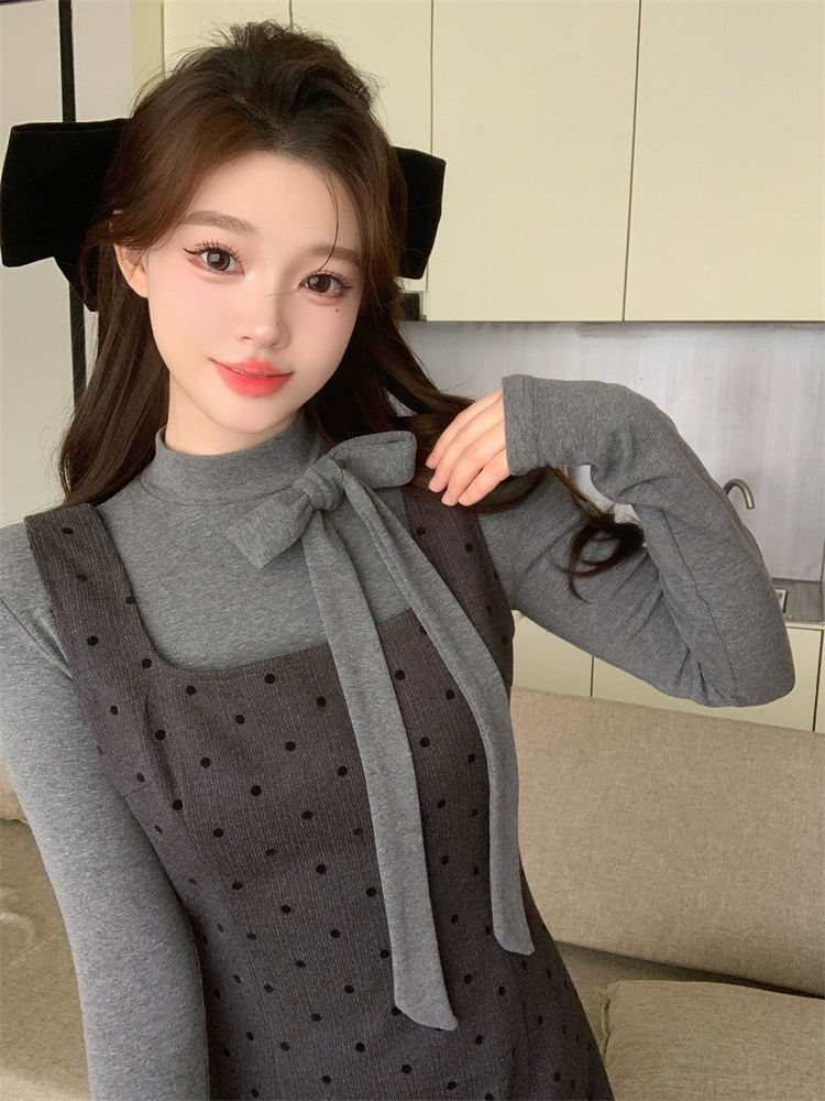 Sweet Bow Long Sleeve T-Shirt and Polka Dot Cami Dress Two-Piece Set for Women Spring Layering