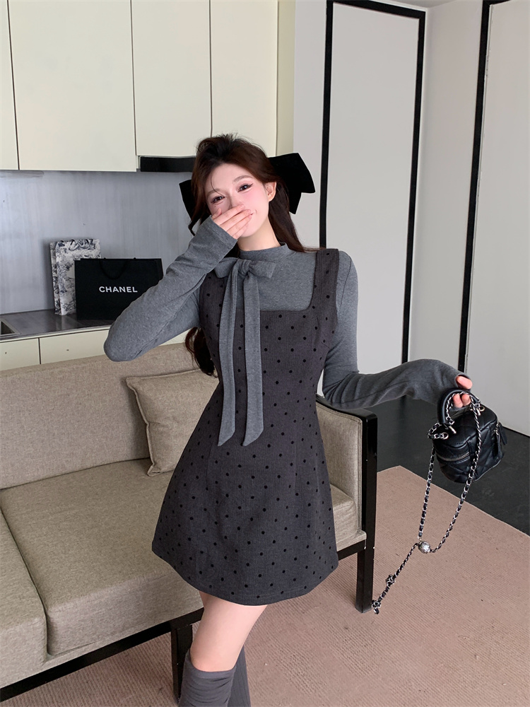 Sweet Bow Long Sleeve T-Shirt and Polka Dot Cami Dress Two-Piece Set for Women Spring Layering