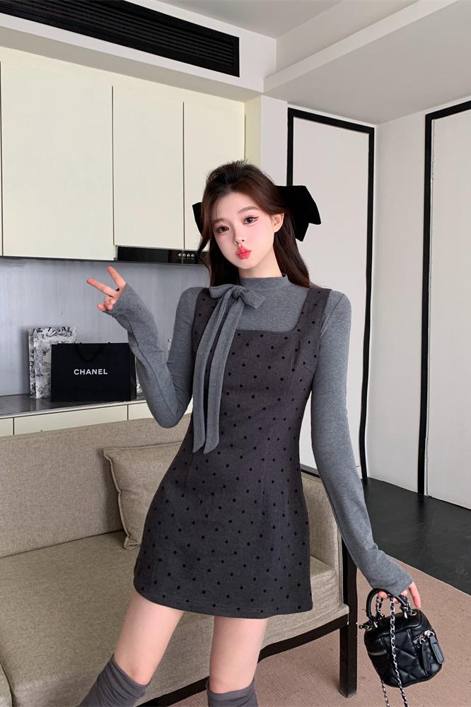 Sweet Bow Long Sleeve T-Shirt and Polka Dot Cami Dress Two-Piece Set for Women Spring Layering