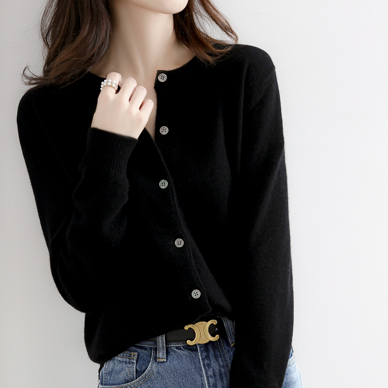 Women's Knit Round Neck Cardigan Sweater Long Sleeve Loose Korean Style Short