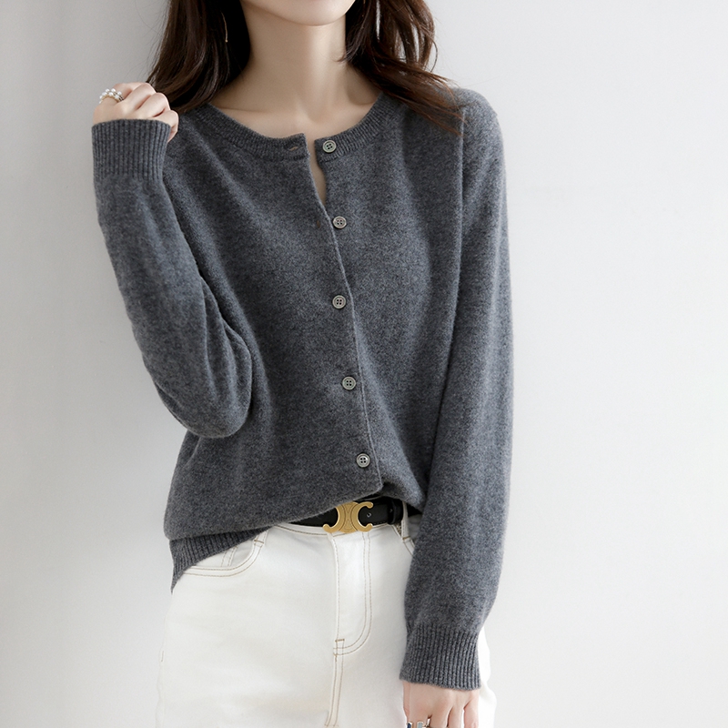 Women's Knit Round Neck Cardigan Sweater Long Sleeve Loose Korean Style Short