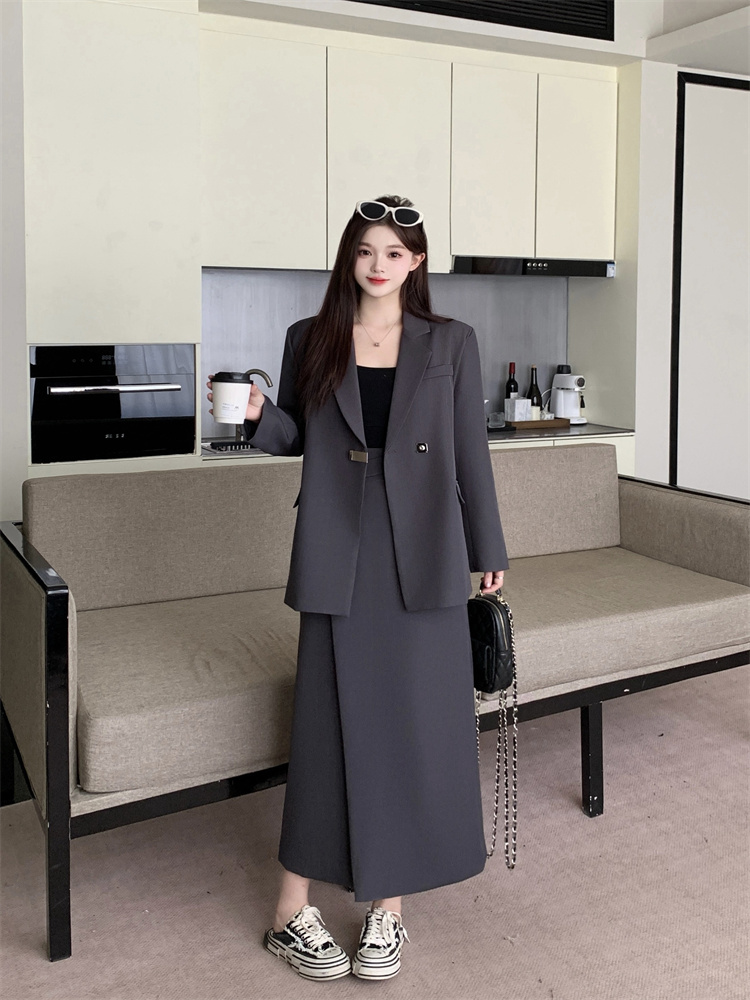 Women's British Style Woven Cotton Two-Piece Suit Set with Split Skirt Spring 2026