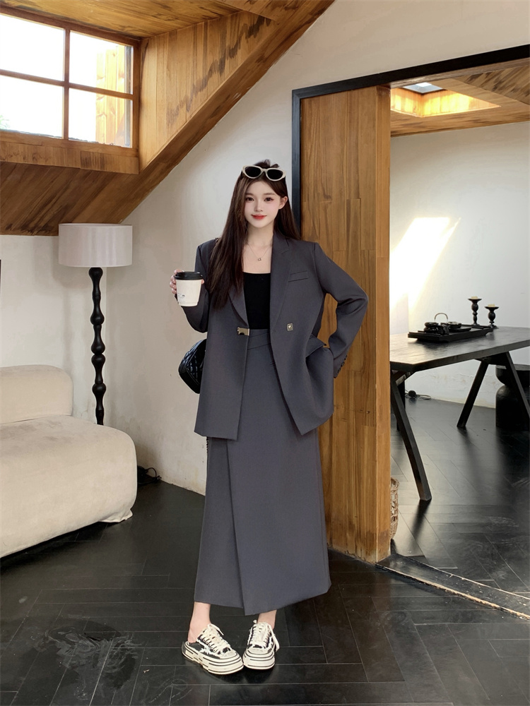 Women's British Style Woven Cotton Two-Piece Suit Set with Split Skirt Spring 2026
