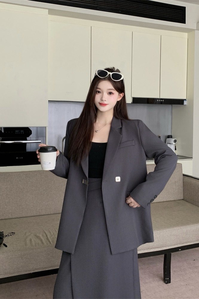 Women's British Style Woven Cotton Two-Piece Suit Set with Split Skirt Spring 2026