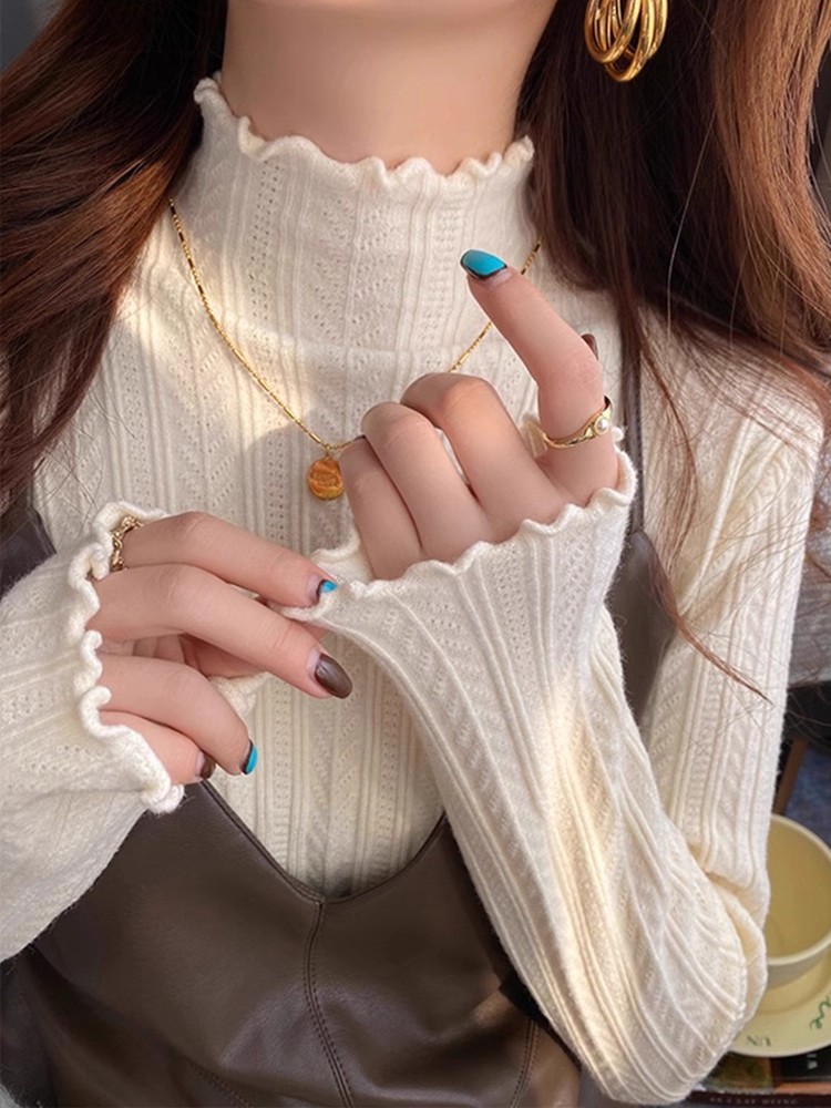 Half Turtleneck Ruffle Trim Knit Top Women 2026 Fall Winter Textured Sweater Base Layer