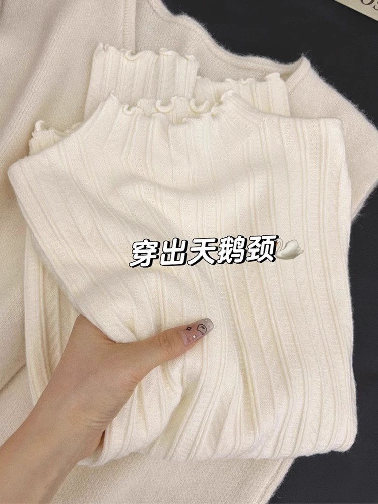 Half Turtleneck Ruffle Trim Knit Top Women 2026 Fall Winter Textured Sweater Base Layer