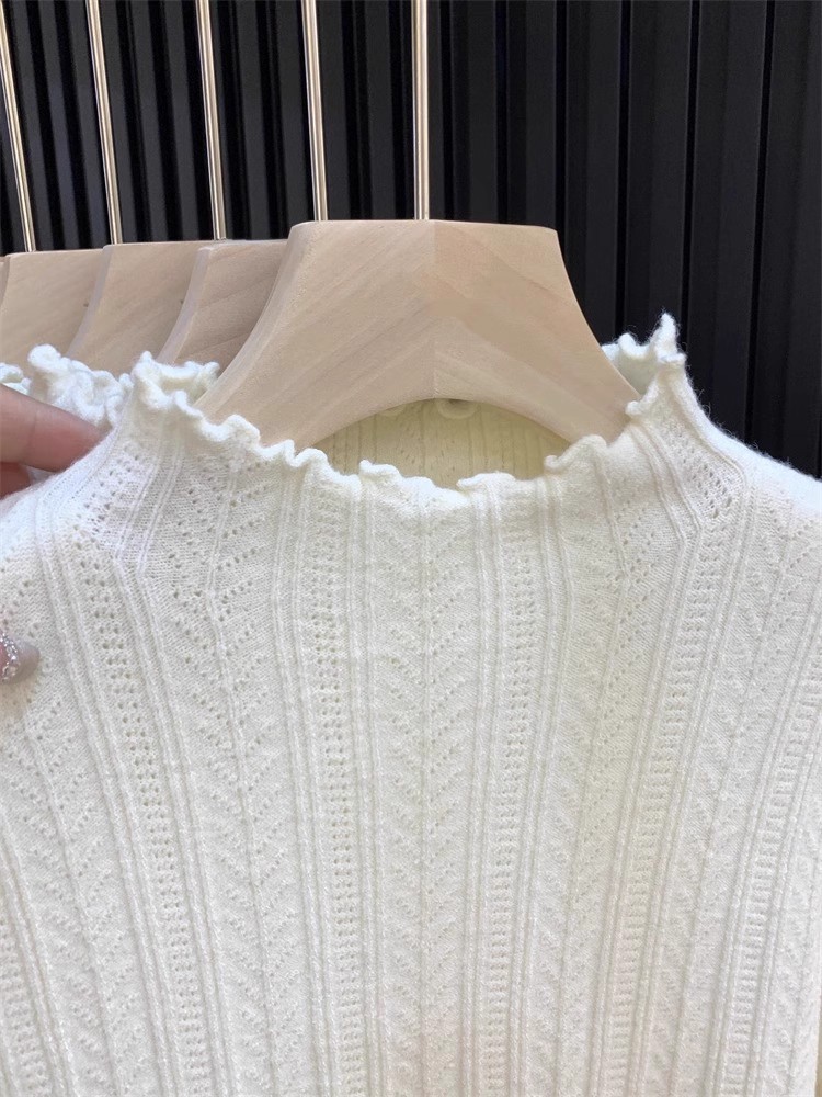 Half Turtleneck Ruffle Trim Knit Top Women 2026 Fall Winter Textured Sweater Base Layer