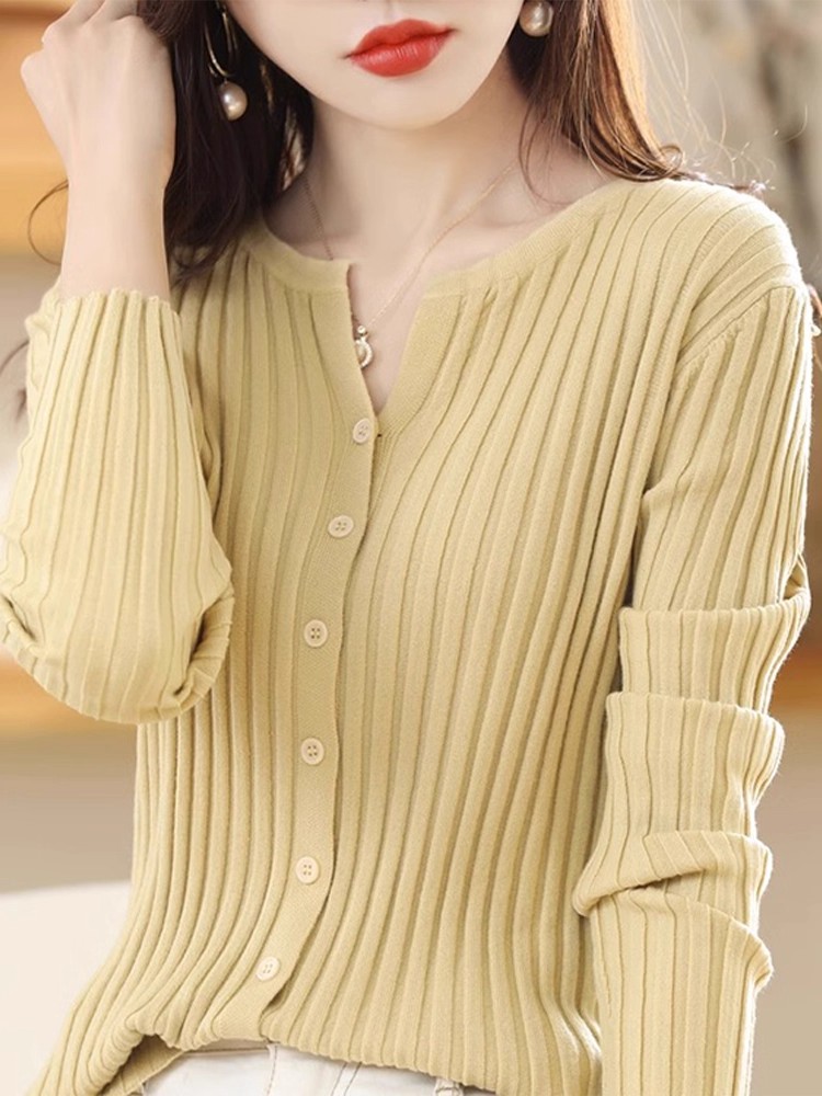Apricot Knit Cardigan Women 2026 Autumn Slim Fit Long Sleeve Pullover Sweater