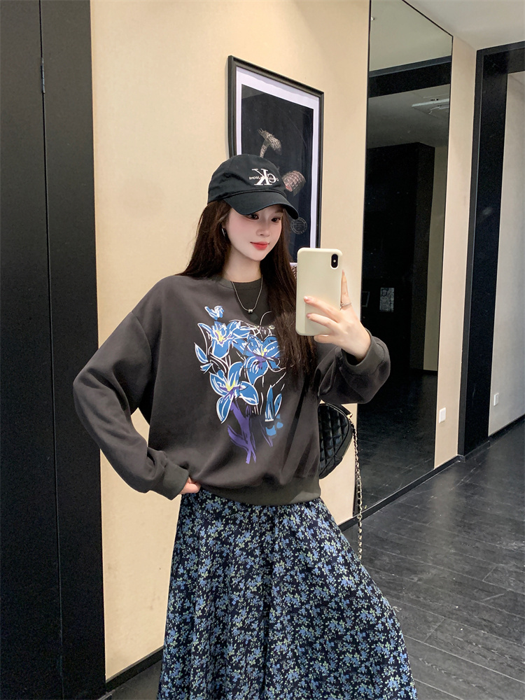 Real Photo Spring New Design Pullover Loose Sweatshirt Vintage Dark Gray Irregular Floral Cami Dress Set