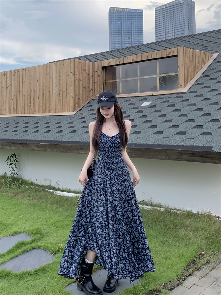 Real Photo Spring New Design Pullover Loose Sweatshirt Vintage Dark Gray Irregular Floral Cami Dress Set