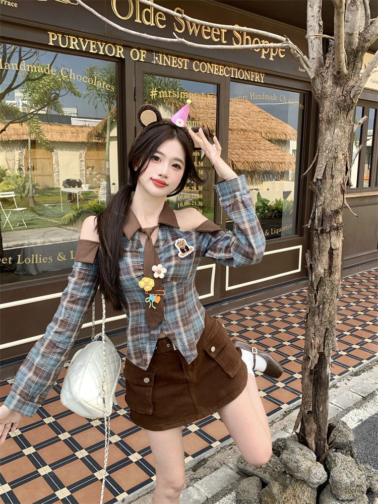 Bear Coffee Plaid Shirt Top for Women Spring 2026 Sweet Cool Style