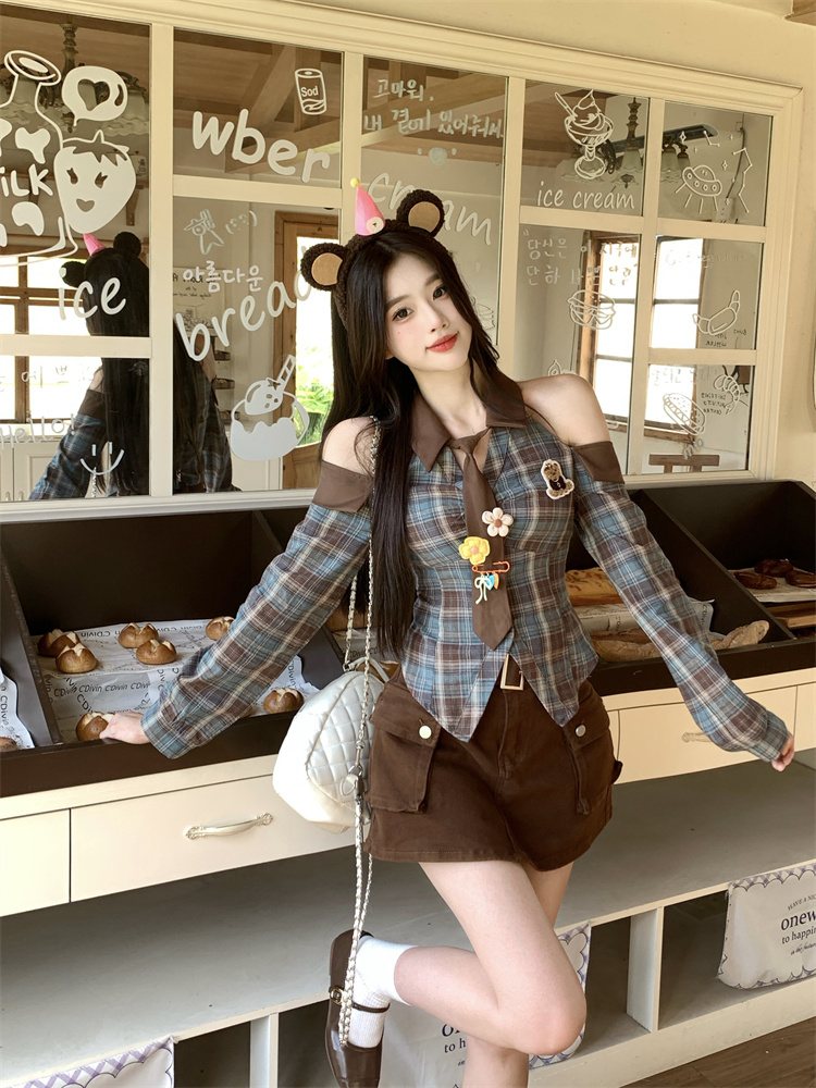 Bear Coffee Plaid Shirt Top for Women Spring 2026 Sweet Cool Style