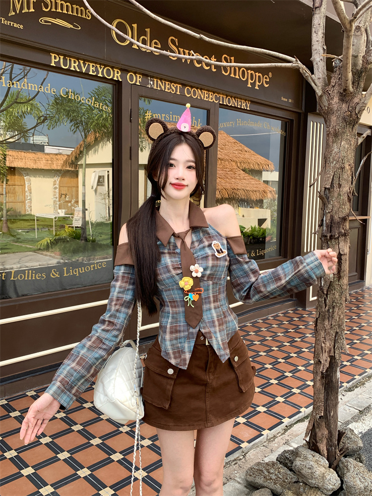 Bear Coffee Plaid Shirt Top for Women Spring 2026 Sweet Cool Style