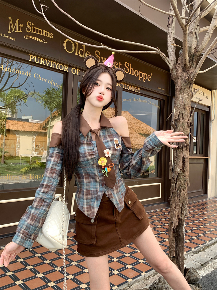 Bear Coffee Plaid Shirt Top for Women Spring 2026 Sweet Cool Style