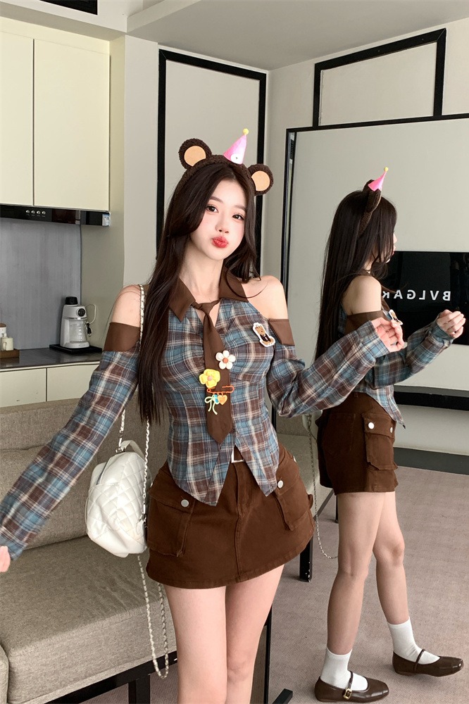 Bear Coffee Plaid Shirt Top for Women Spring 2026 Sweet Cool Style