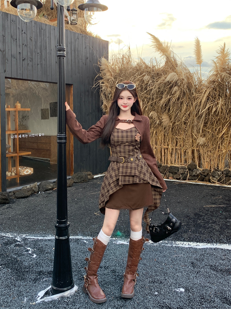 Retro Brown Plaid Cami Dress Women Spring Short Outerwear Set - Style 33f194