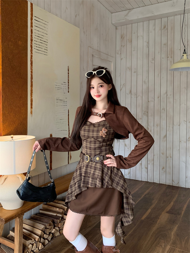 Retro Brown Plaid Cami Dress Women Spring Short Outerwear Set - Style 33f194