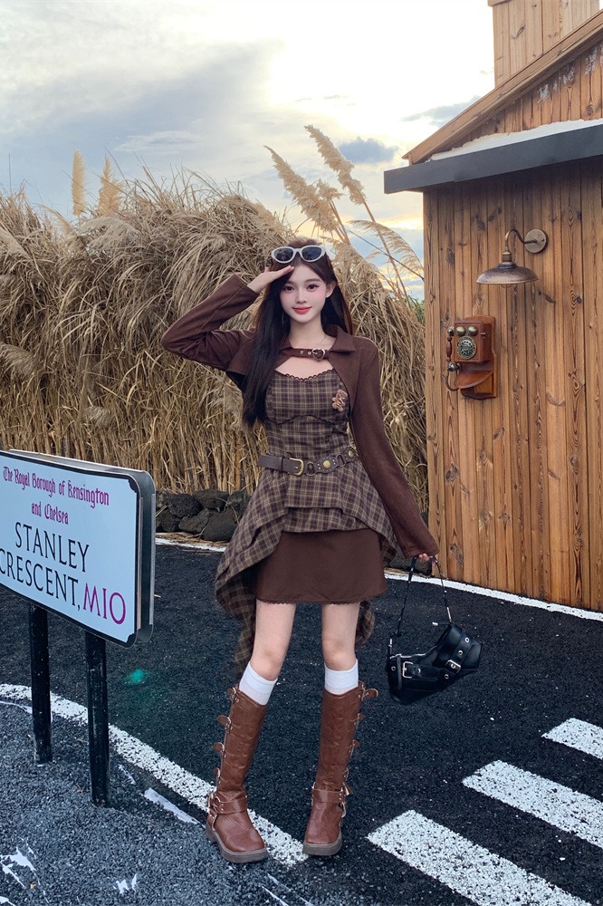 Retro Brown Plaid Cami Dress Women Spring Short Outerwear Set - Style 33f194