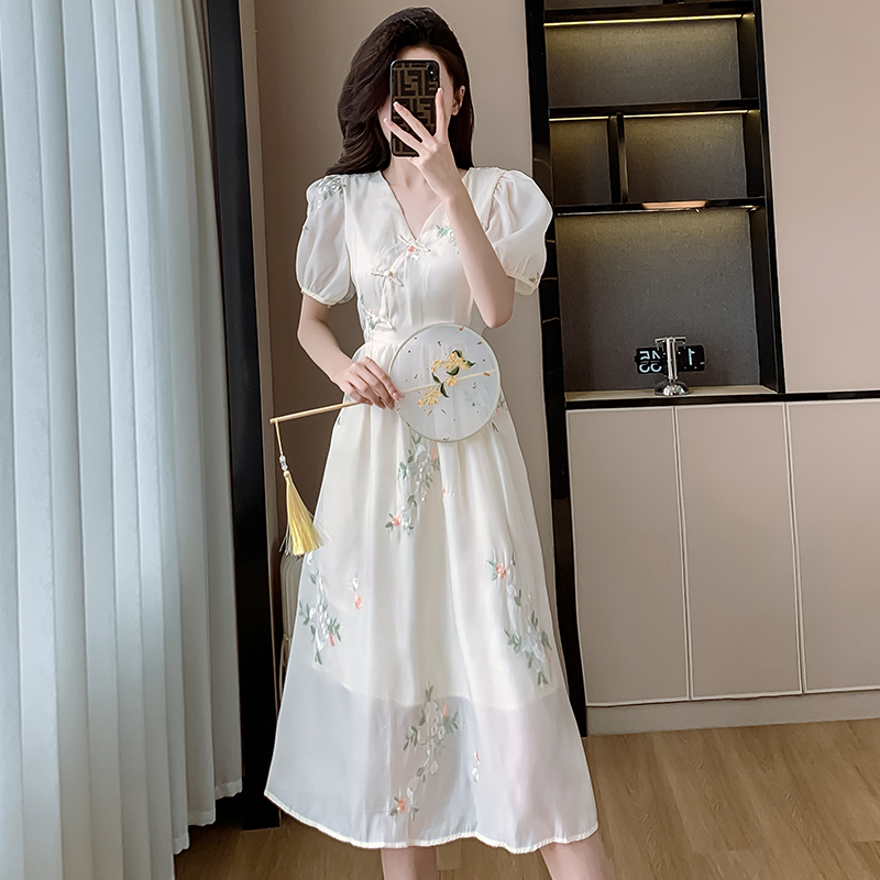 New Chinese Style Embroidered Short Sleeve V Neck Dress