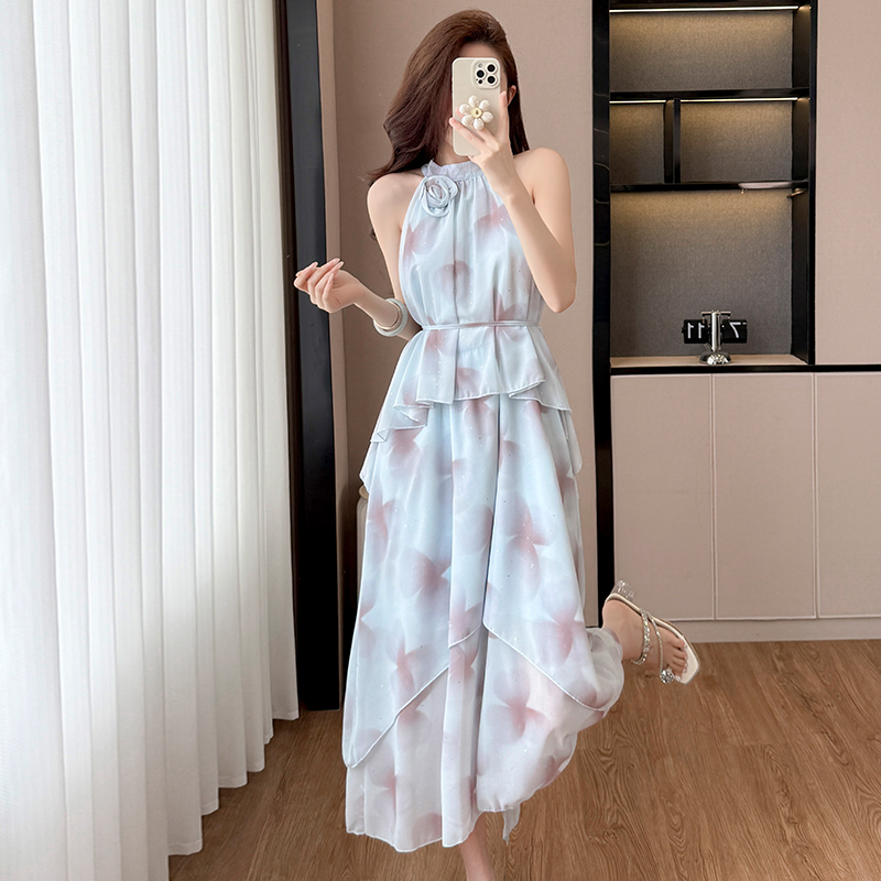 French Tie-Dye Sequin 3D Floral Halter Off-Shoulder Dress with Belt