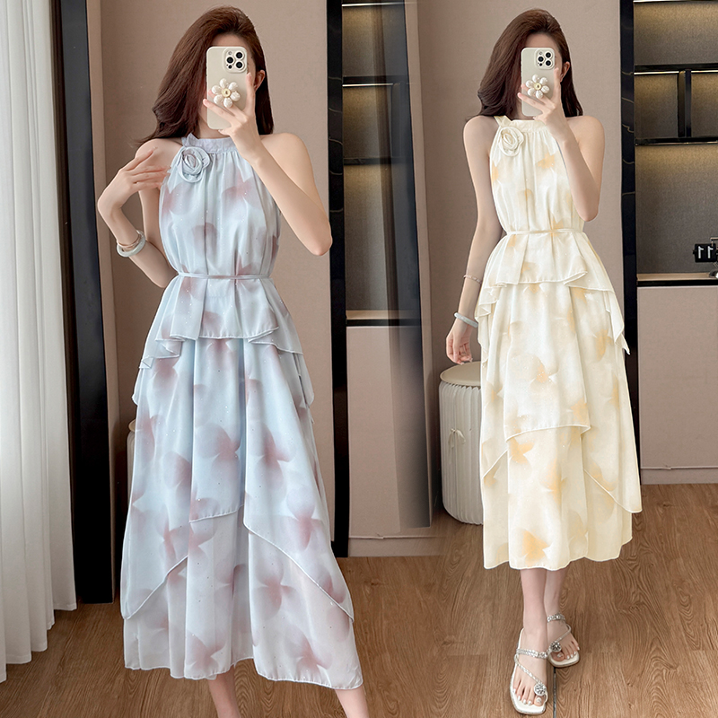 French Tie-Dye Sequin 3D Floral Halter Off-Shoulder Dress with Belt