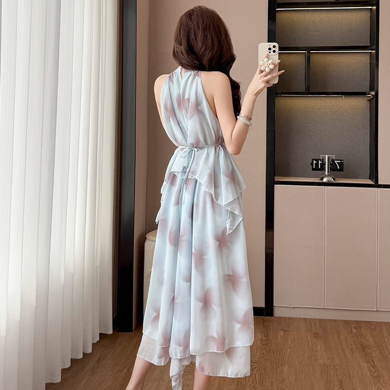 French Tie-Dye Sequin 3D Floral Halter Off-Shoulder Dress with Belt