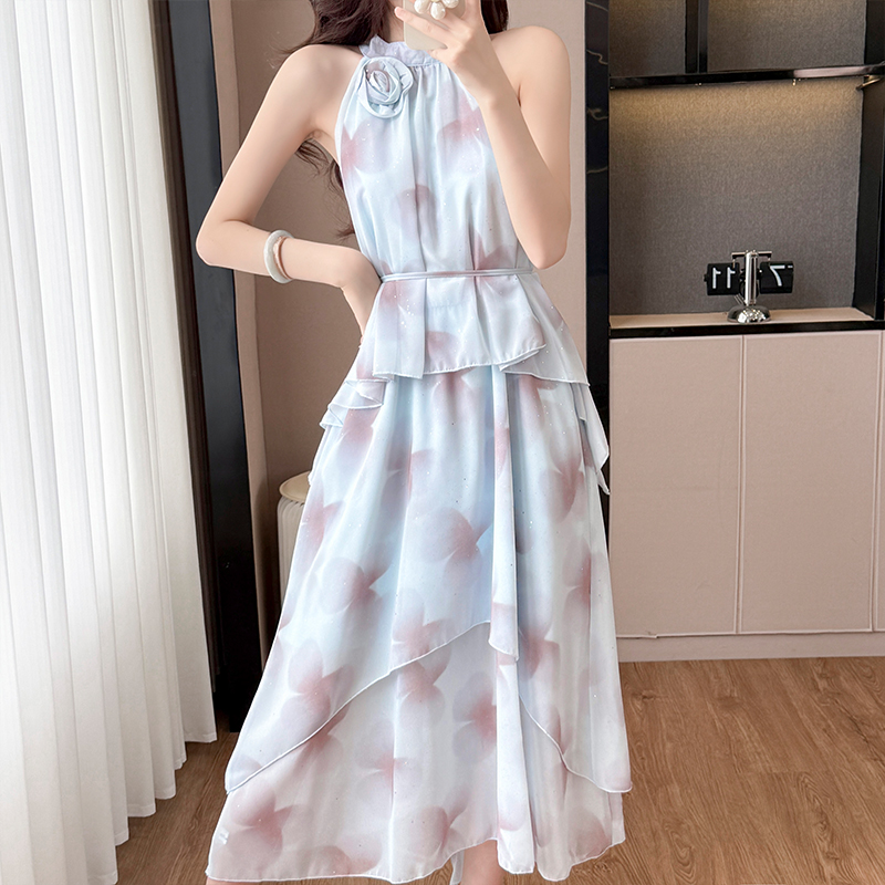 French Tie-Dye Sequin 3D Floral Halter Off-Shoulder Dress with Belt