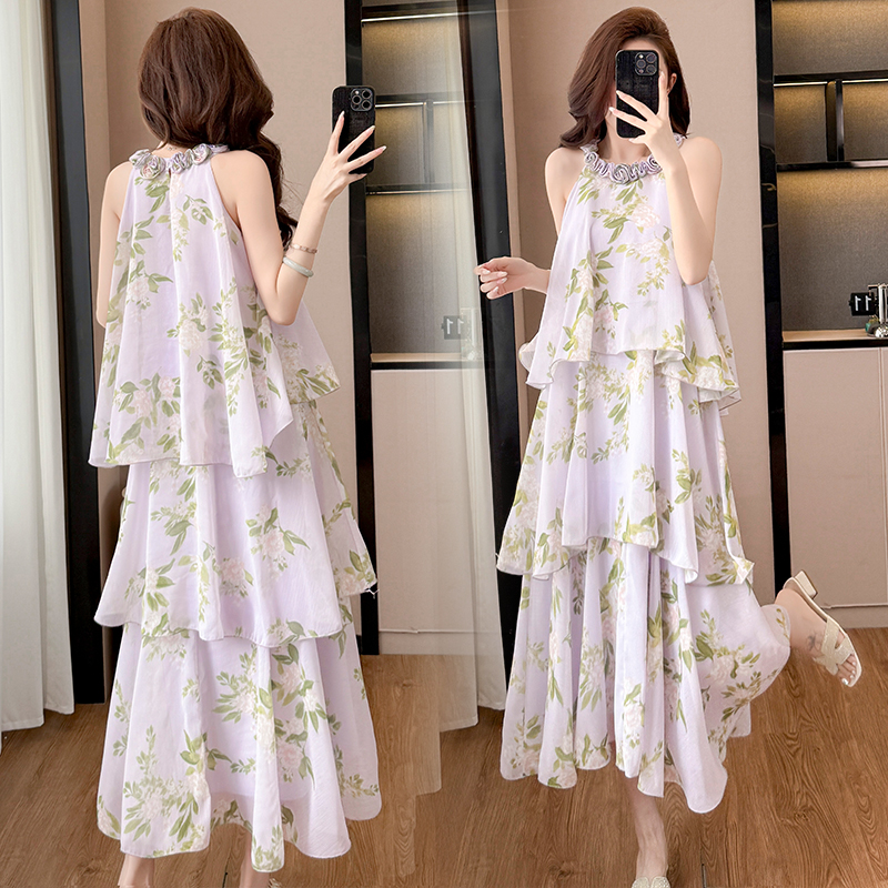 French Purple Floral Halter Cake Dress Women Summer Vacation Sleeveless Midi