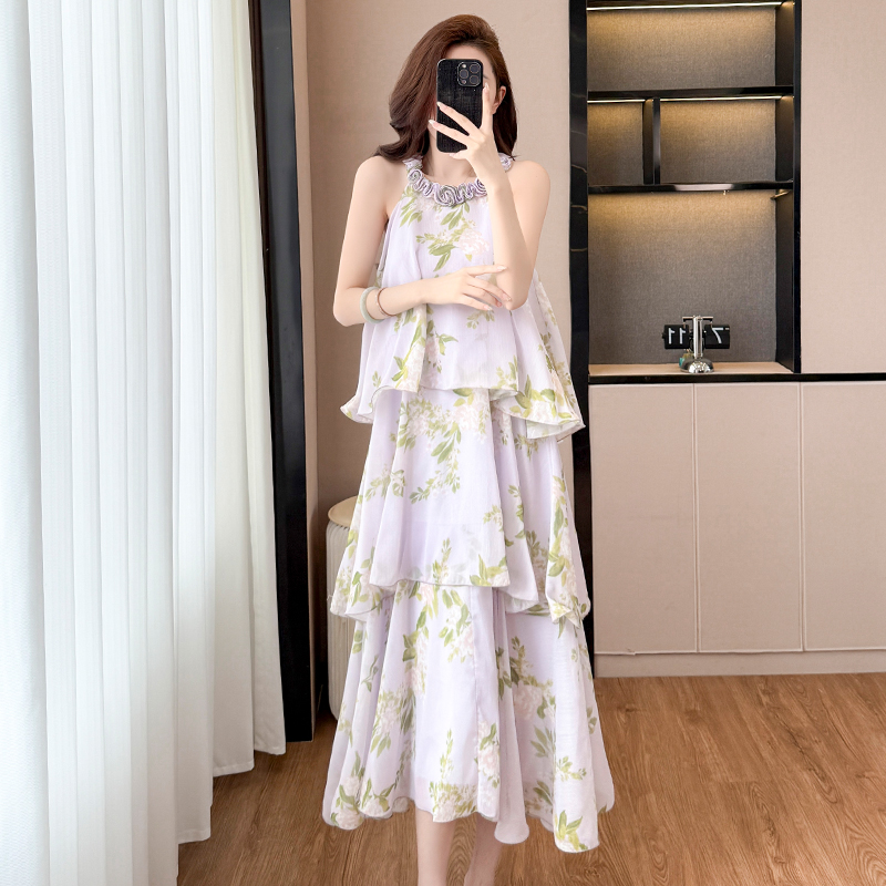 French Purple Floral Halter Cake Dress Women Summer Vacation Sleeveless Midi