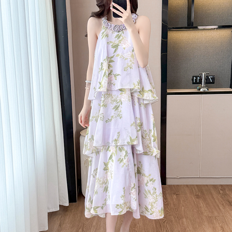 French Purple Floral Halter Cake Dress Women Summer Vacation Sleeveless Midi