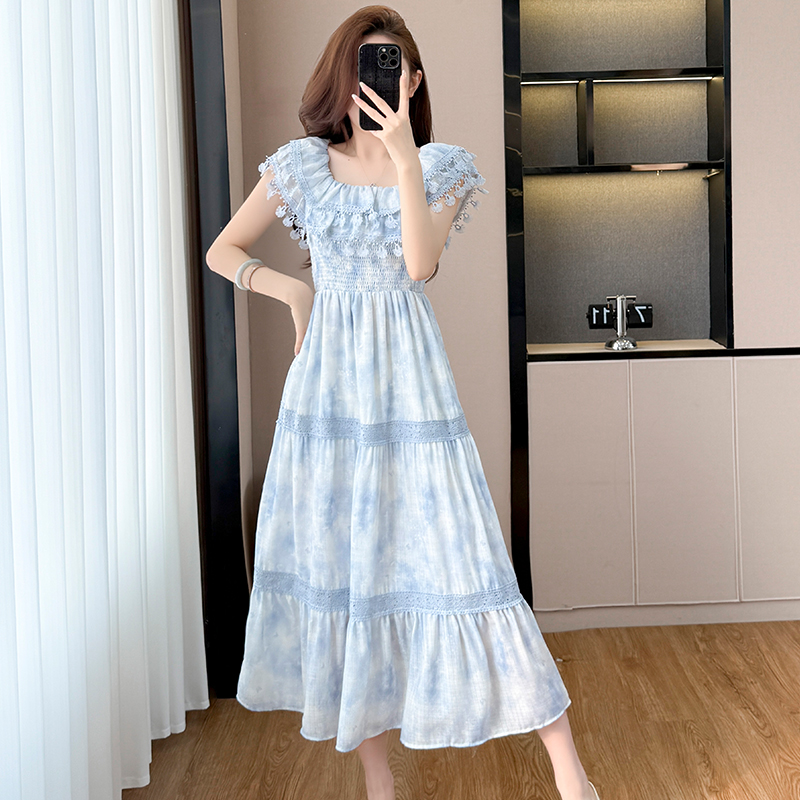 Blue Long Smocked Floral Print Waist-Cinched Dress Women Summer French Vintage Elegant High-End Skirt