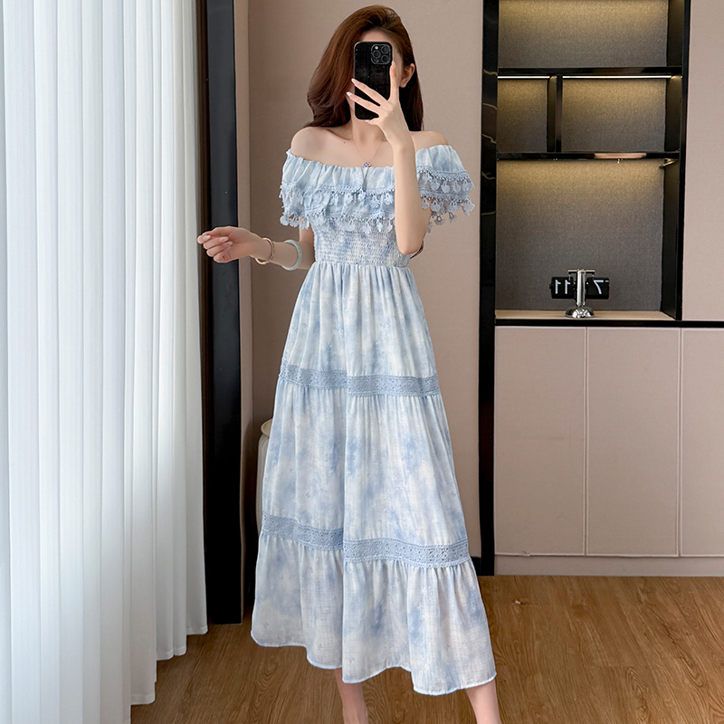 Blue Long Smocked Floral Print Waist-Cinched Dress Women Summer French Vintage Elegant High-End Skirt
