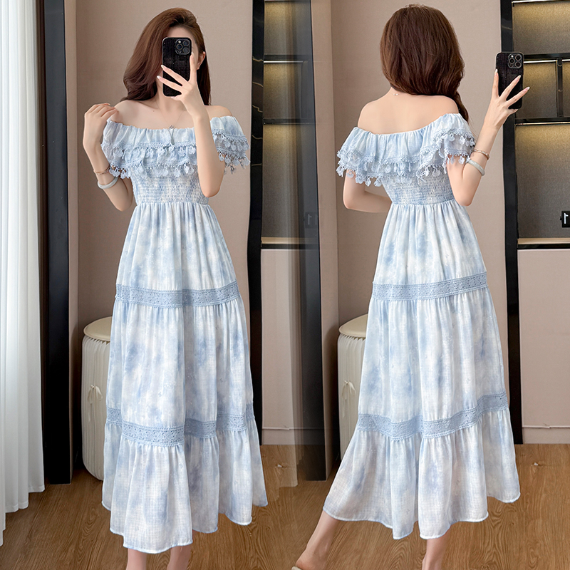 Blue Long Smocked Floral Print Waist-Cinched Dress Women Summer French Vintage Elegant High-End Skirt
