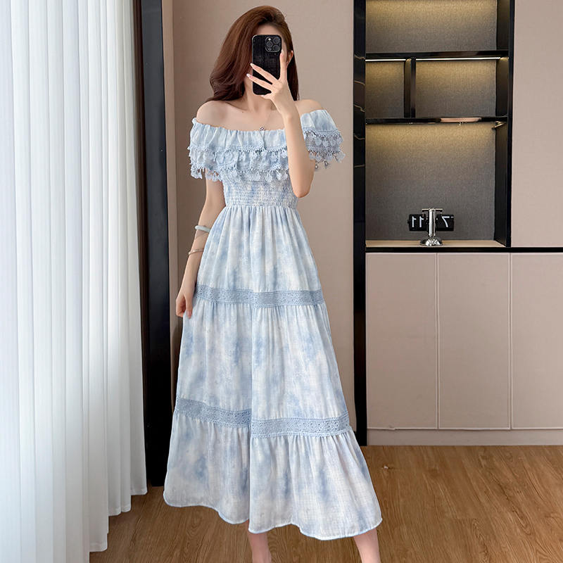 Blue Long Smocked Floral Print Waist-Cinched Dress Women Summer French Vintage Elegant High-End Skirt