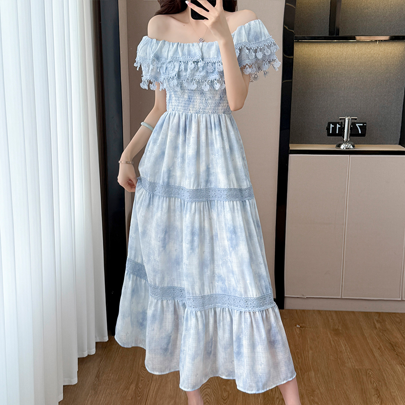 Blue Long Smocked Floral Print Waist-Cinched Dress Women Summer French Vintage Elegant High-End Skirt