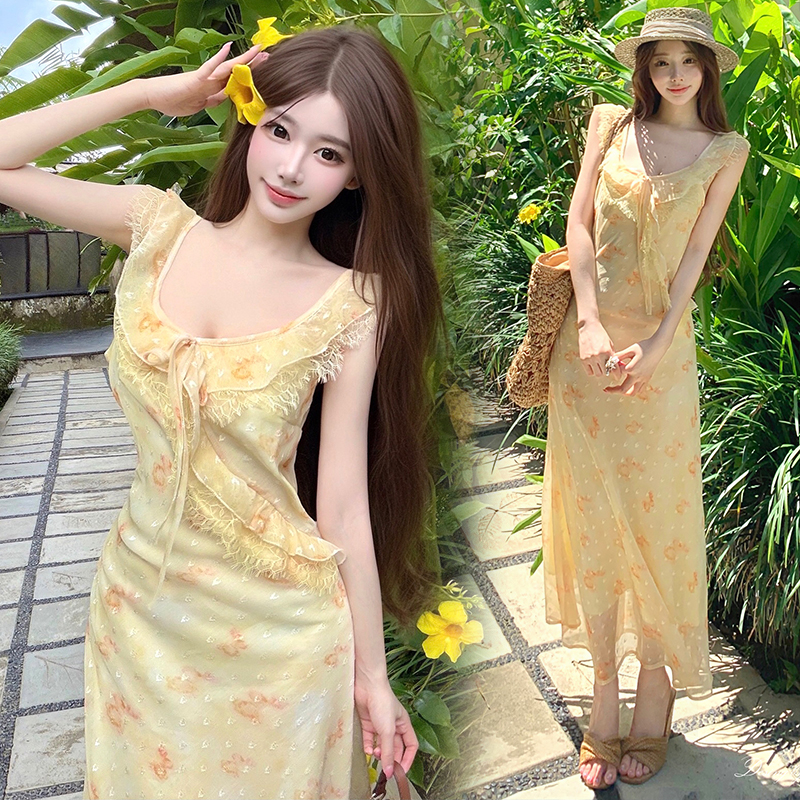 Boho Two-Piece Dress Set with Sun Protection Cardigan and Jacquard Cami Dress
