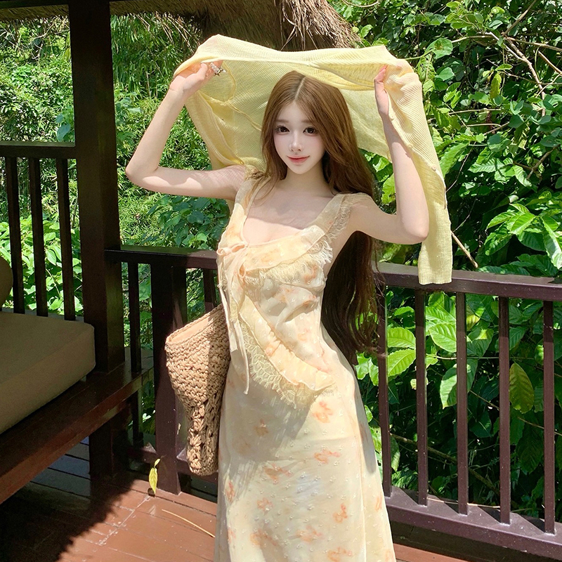 Boho Two-Piece Dress Set with Sun Protection Cardigan and Jacquard Cami Dress