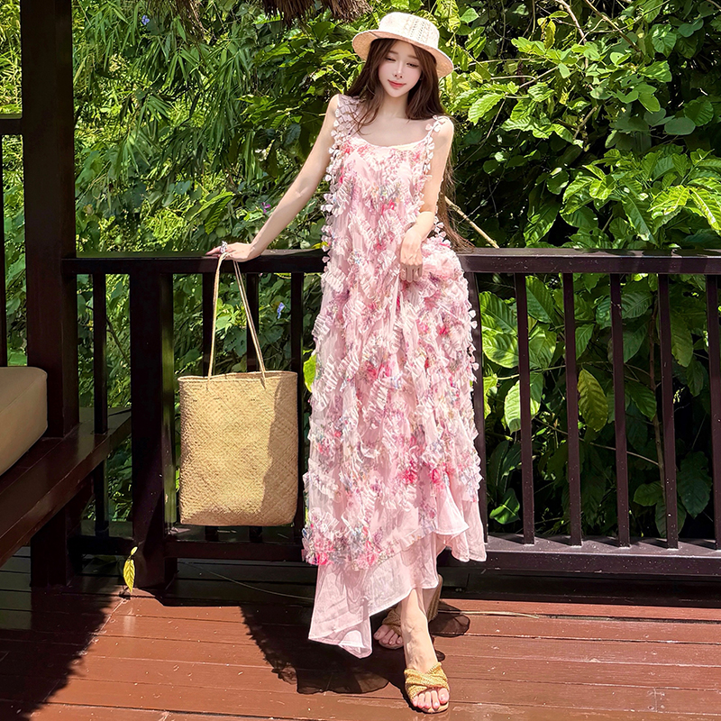 Women's Summer Floral Cami Dress French Style Sweet Bohemian Midi A-Line Dress