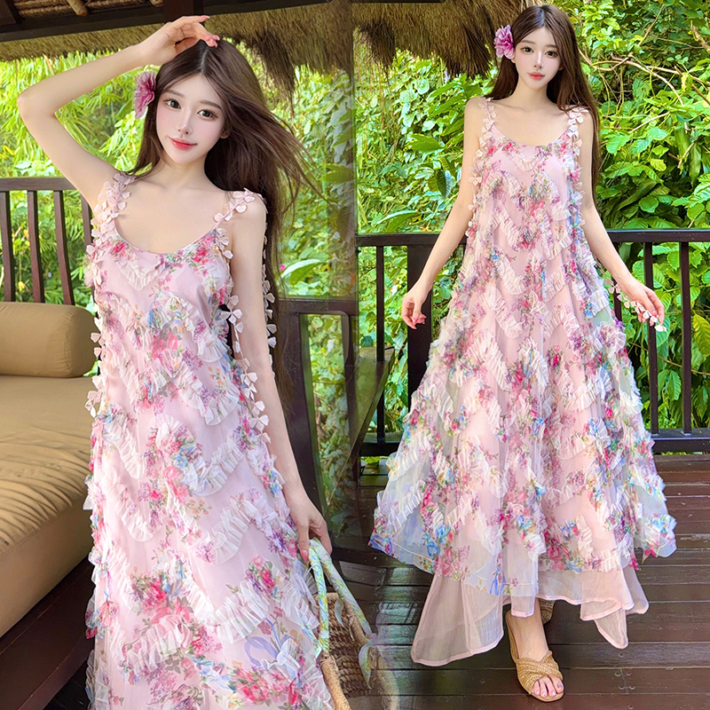 Women's Summer Floral Cami Dress French Style Sweet Bohemian Midi A-Line Dress