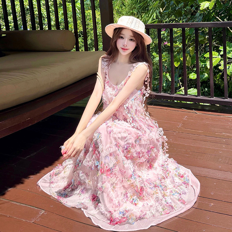 Women's Summer Floral Cami Dress French Style Sweet Bohemian Midi A-Line Dress
