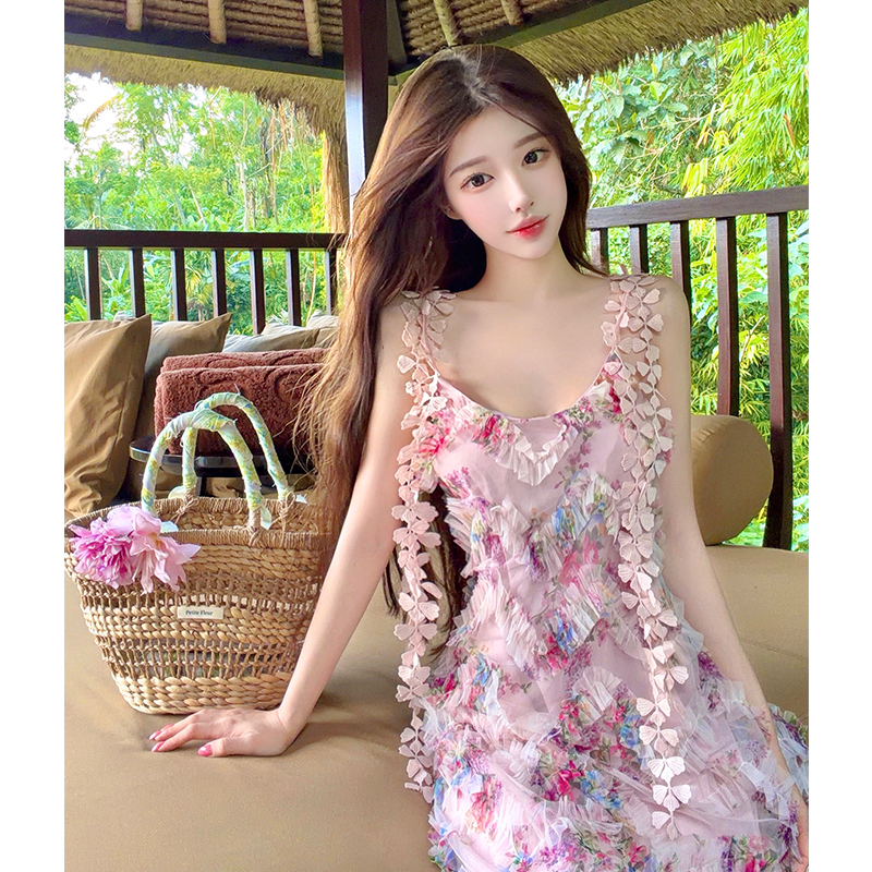 Women's Summer Floral Cami Dress French Style Sweet Bohemian Midi A-Line Dress