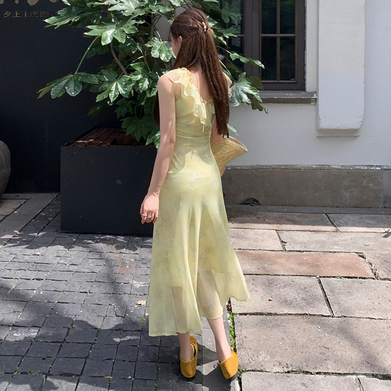 2026 Summer French Waist-Cinching Dress Women Slimming Midi Yellow-Green Floral Vacation Dress