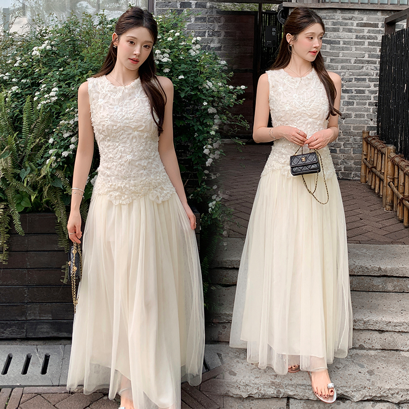 French Sleeveless Sequin Mesh Dress Women Summer High-End Elegant Slimming Long Fairy Gown